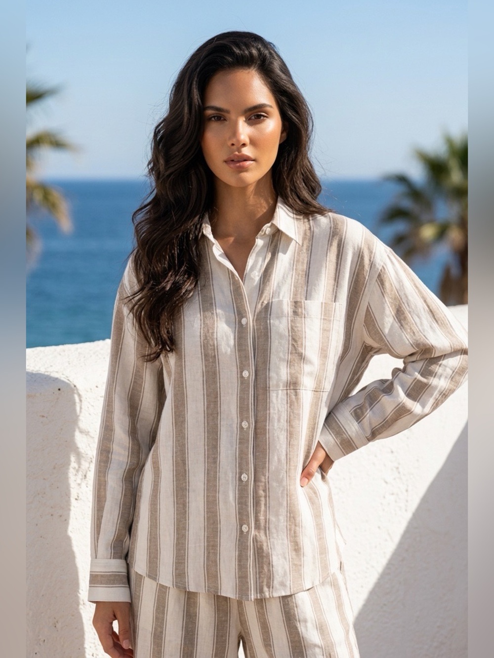 Z Supply Beige and White Striped Button-Down Shirt